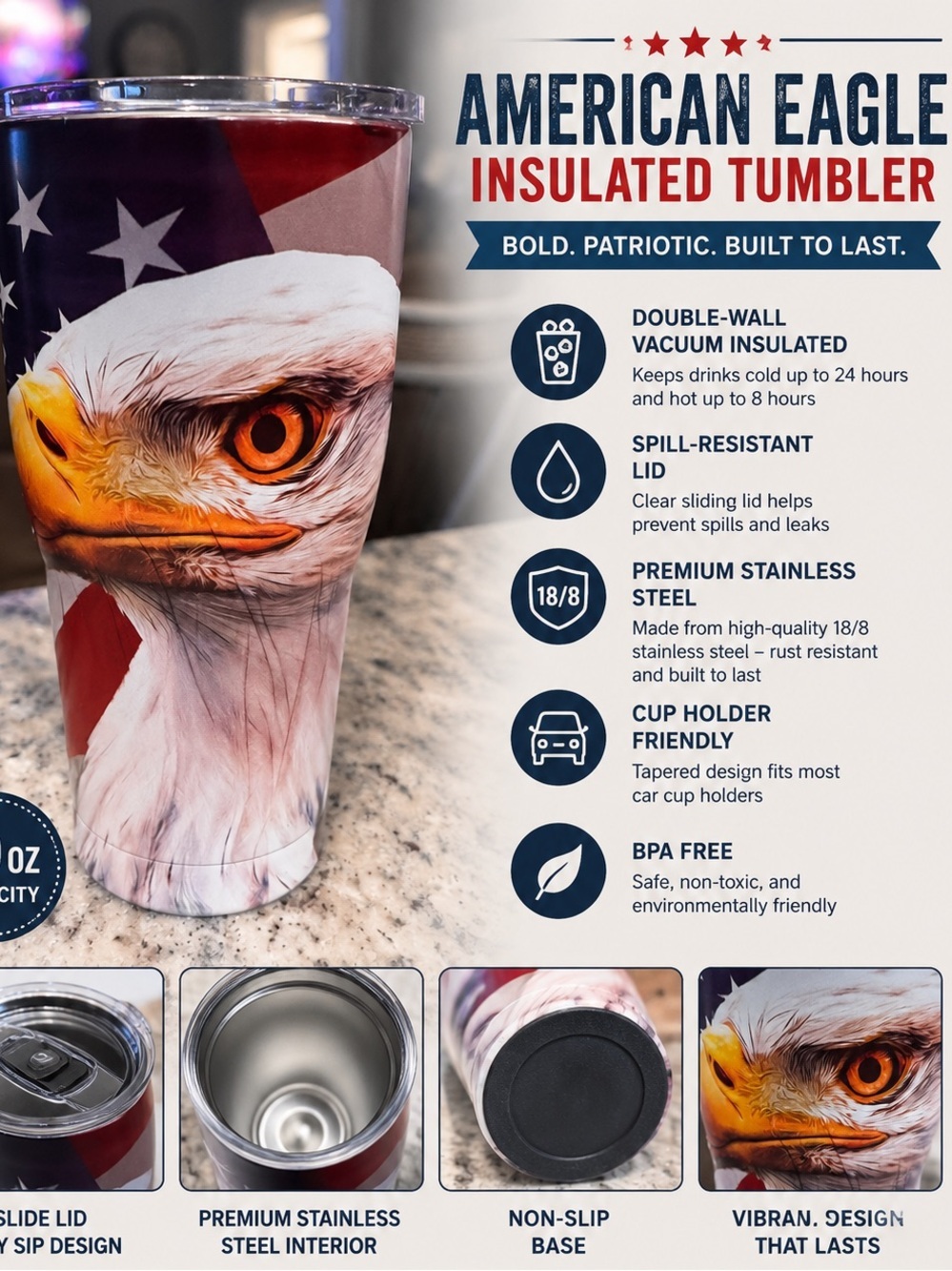 Hand Crafted Patriotic Bald Eagle Travel Tumbler in Red, White, Blue